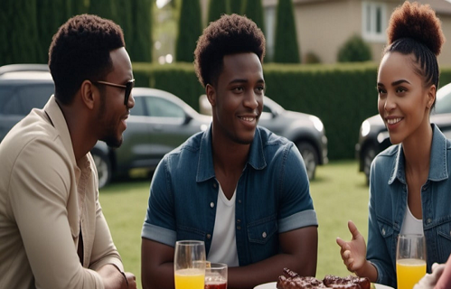 Friends sitting at a table with food, discussing finances and borrowing money