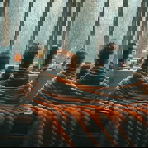 A family wrapped in a blanket around a heater, looking out the window at rainy weather