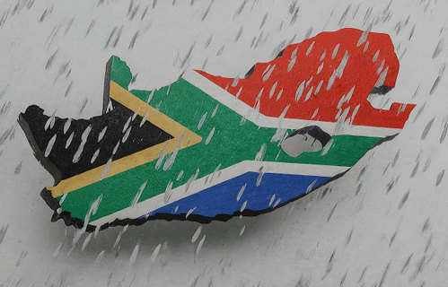 Map of South Africa showing rainfall patterns with the South African flag