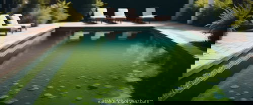 A green swimming pool with loungers arranged around its edge.